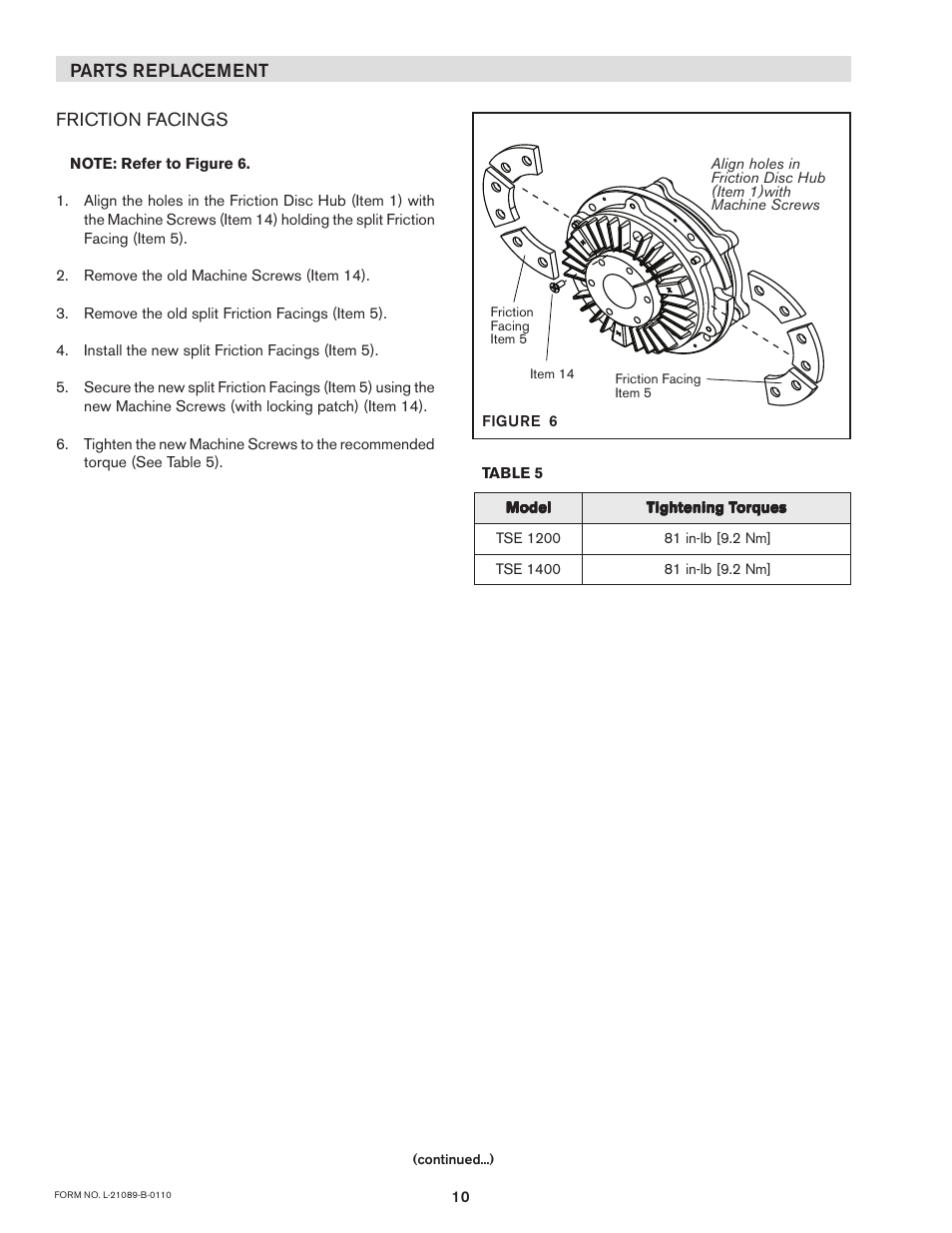 Parts replacement friction facings | Nexen SSE-1200 822729 User Manual | Page 10 / 14