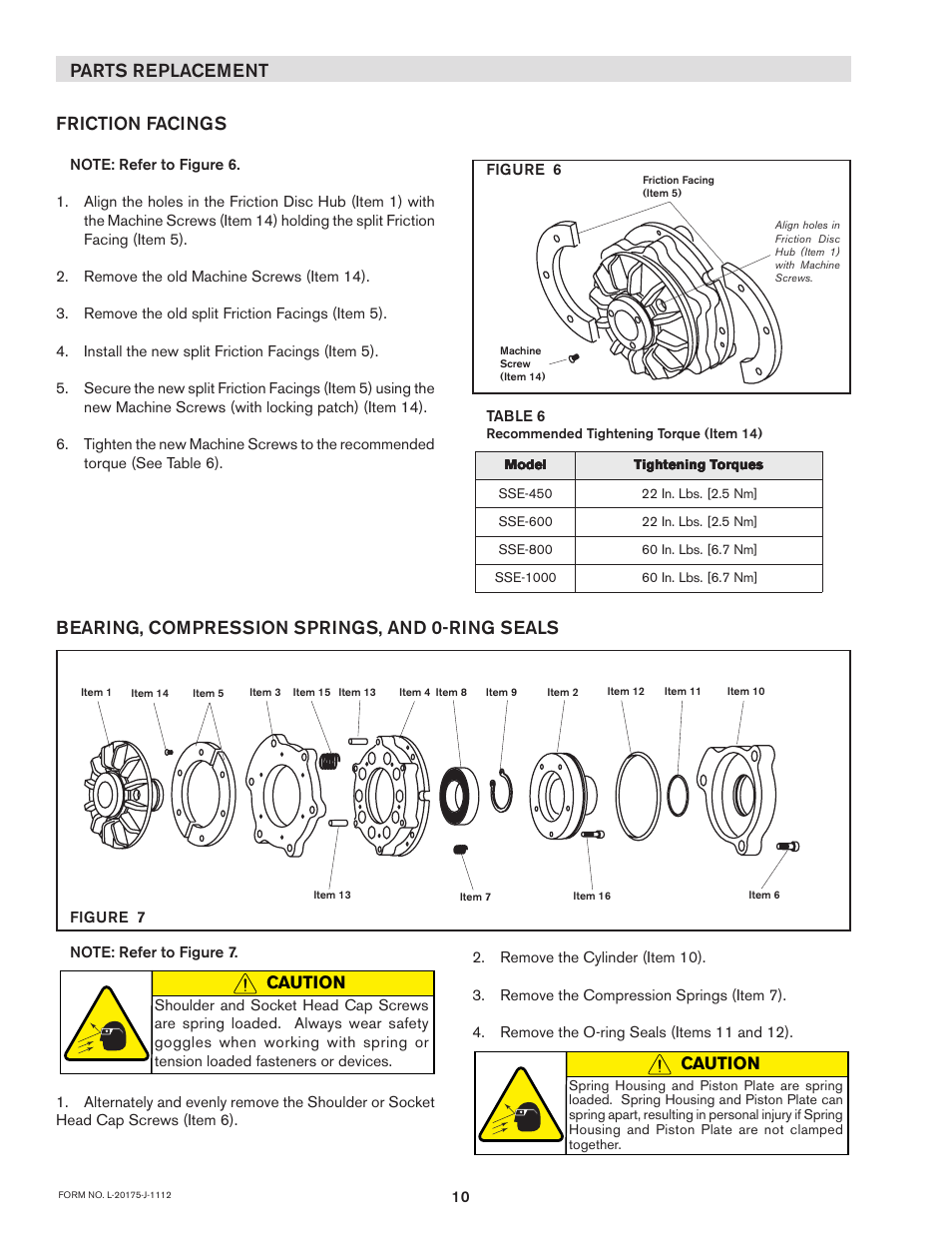 Parts replacement friction facings, Bearing, compression springs, and 0-ring seals, Caution | Nexen SSE-1000 822530 User Manual | Page 10 / 14