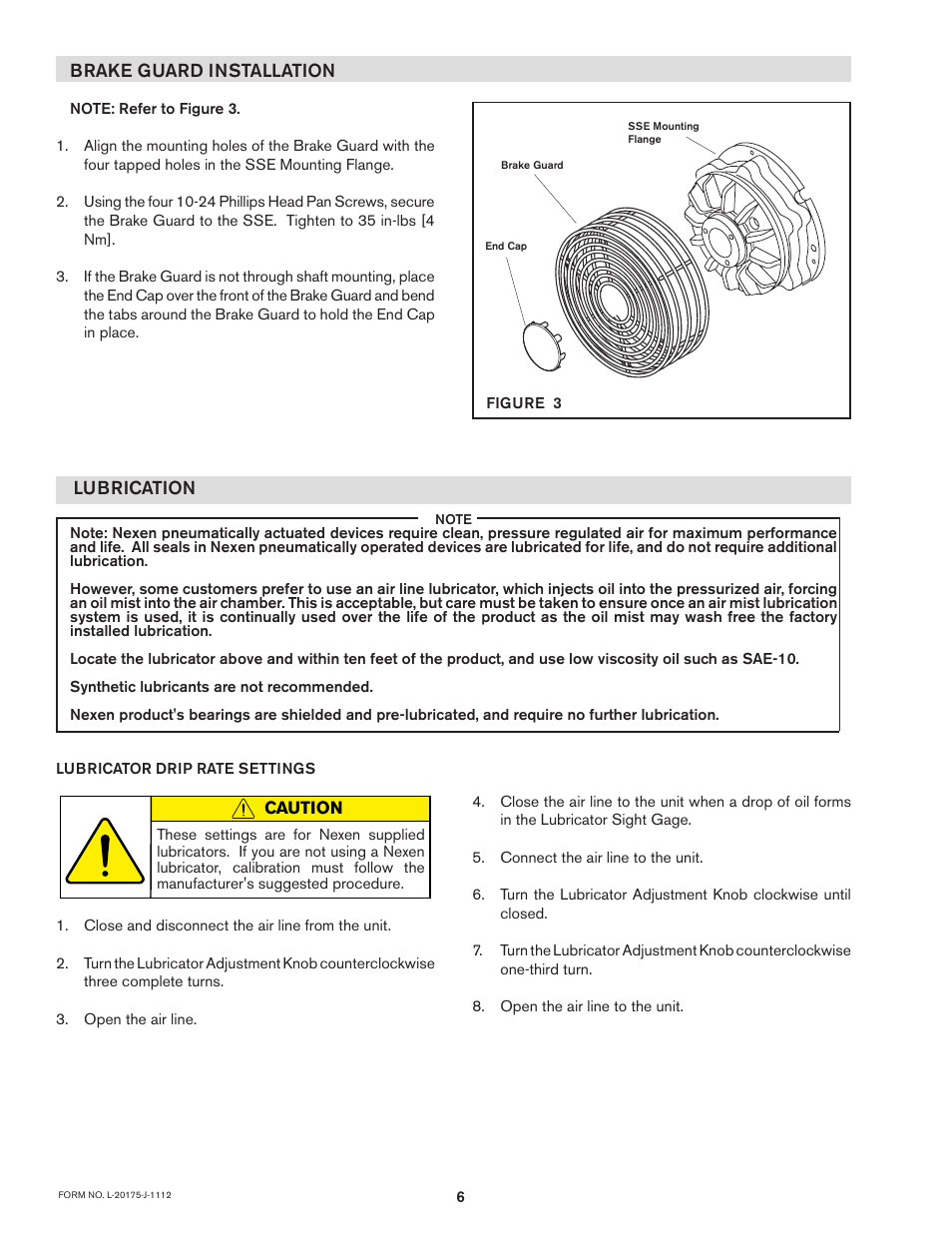 Lubrication, Brake guard installation | Nexen SSE-1000 822530 User Manual | Page 6 / 14