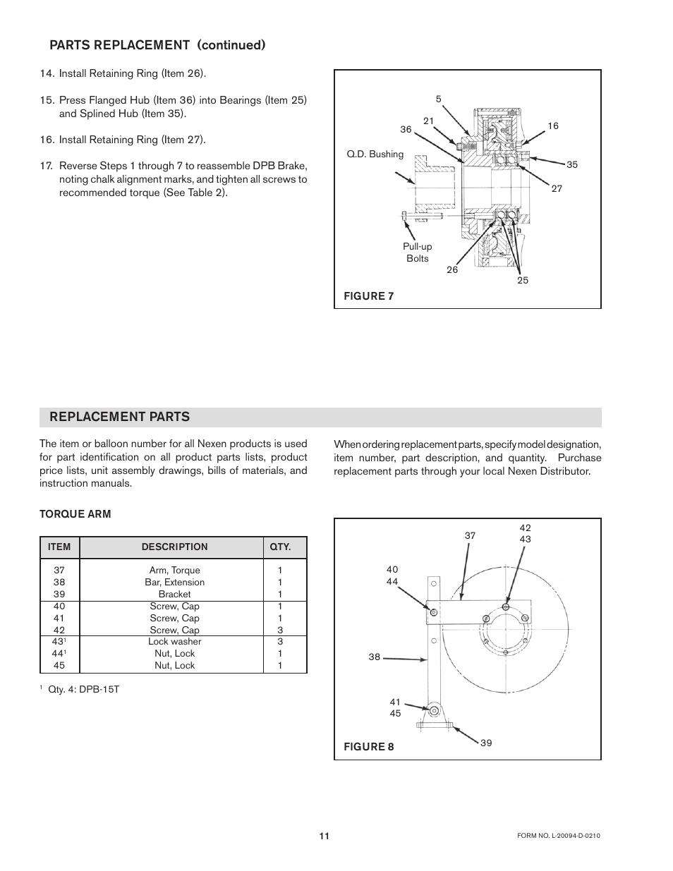 Replacement parts, Parts replacement (continued) | Nexen DPB-09T 960003 User Manual | Page 11 / 13