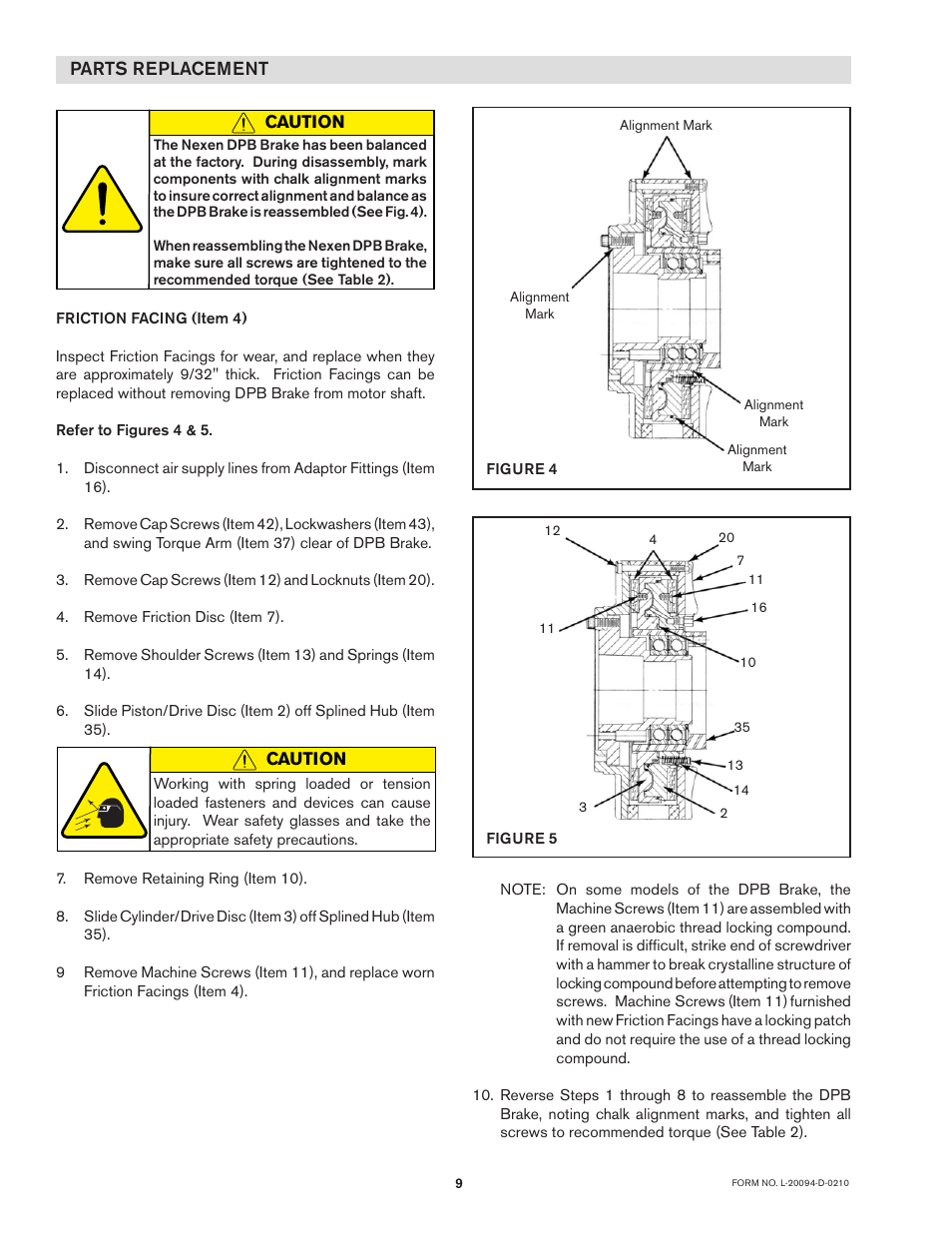 Parts replacement, Caution | Nexen DPB-09T 960003 User Manual | Page 9 / 13