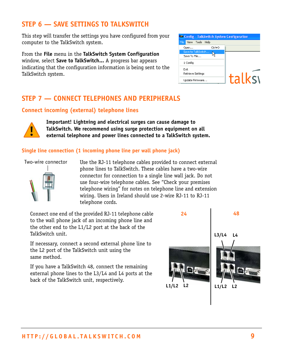 9step 6 — save settings to talkswitch, Step 7 — connect telephones and peripherals | Talkswitch CT.TS005.002501.UK User Manual | Page 10 / 16