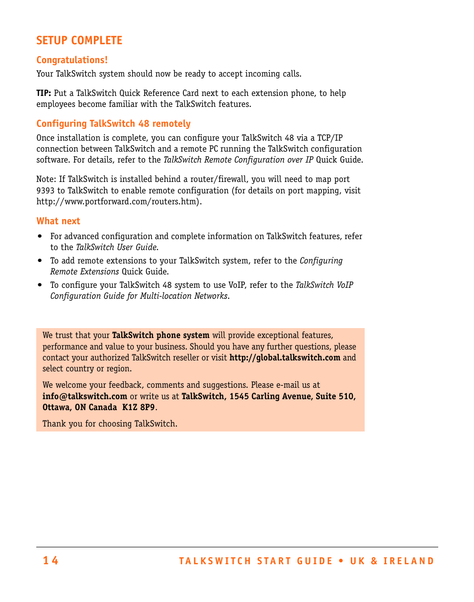 Setup complete | Talkswitch CT.TS005.002501.UK User Manual | Page 15 / 16