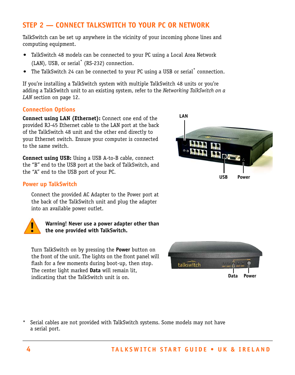 Step 2 — connect talkswitch to your pc or network | Talkswitch CT.TS005.002501.UK User Manual | Page 5 / 16