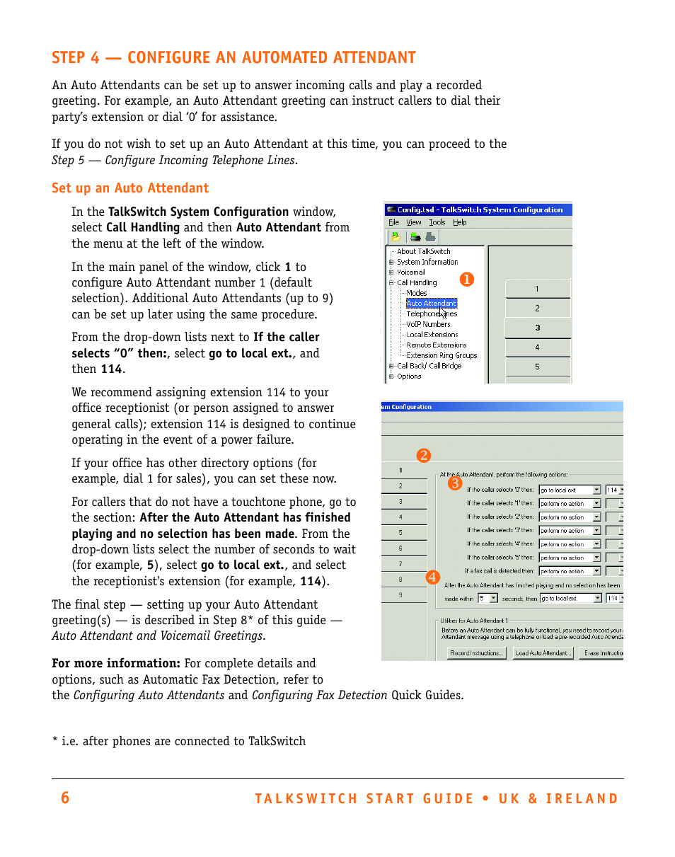 Xz [ y, Step 4 — configure an automated attendant | Talkswitch CT.TS005.002501.UK User Manual | Page 7 / 16