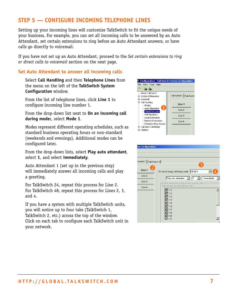 Yz [ x, 7step 5 — configure incoming telephone lines | Talkswitch CT.TS005.002501.UK User Manual | Page 8 / 16