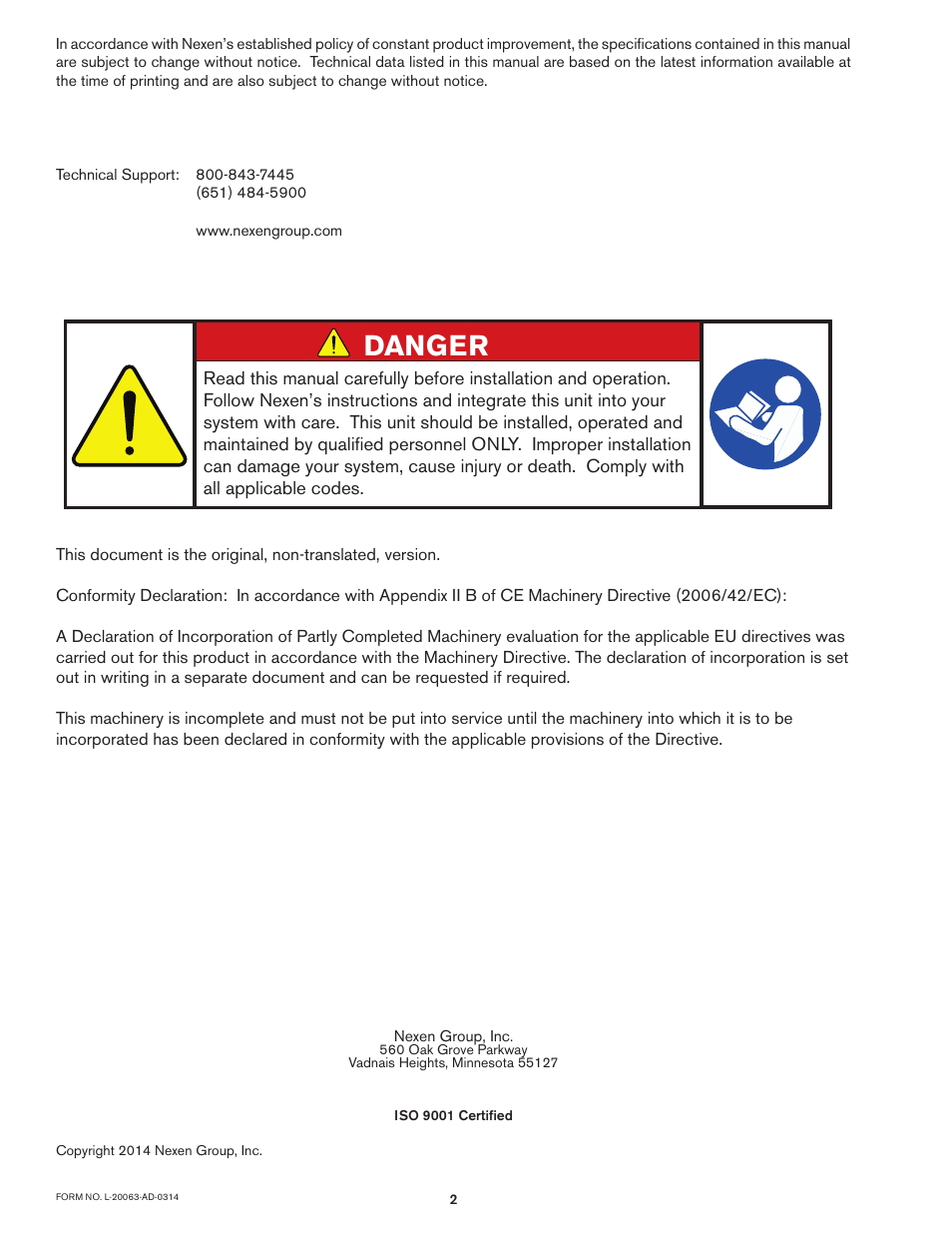 Danger | Nexen BD 933507 User Manual | Page 2 / 21