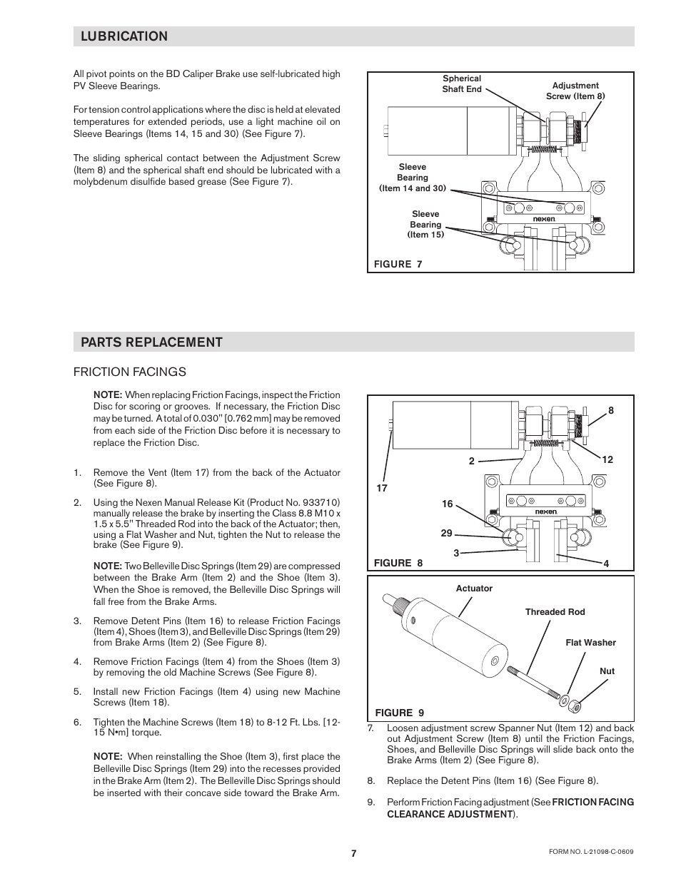 Lubrication, Parts replacement | Nexen BD 933702 User Manual | Page 7 / 12