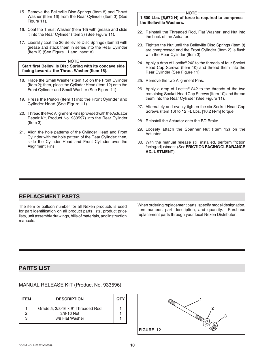 Replacement parts, Parts list | Nexen BD 933617 User Manual | Page 10 / 13