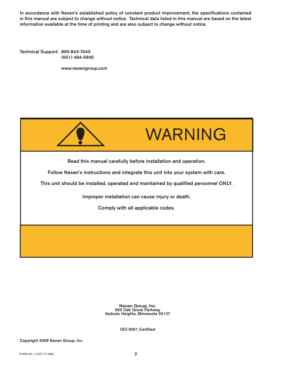 Warning | Nexen BD 933617 User Manual | Page 2 / 13
