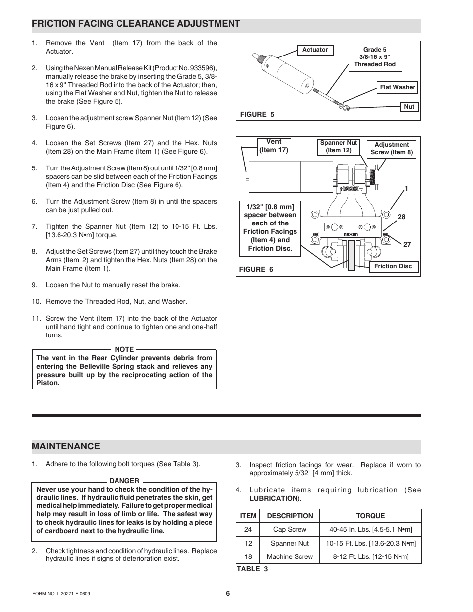 Friction facing clearance adjustment, Maintenance | Nexen BD 933617 User Manual | Page 6 / 13