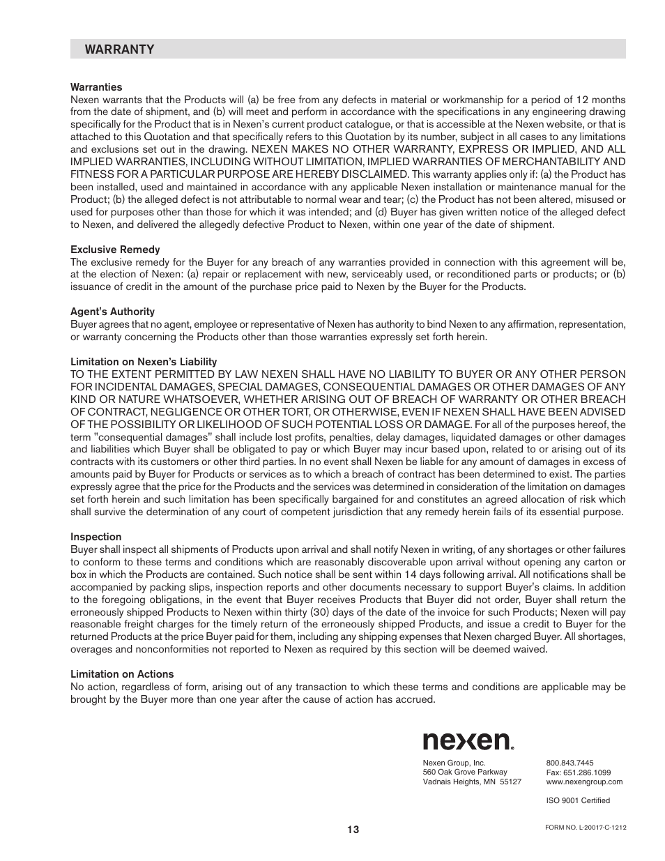 Warranty | Nexen DBSE 835030 User Manual | Page 13 / 13