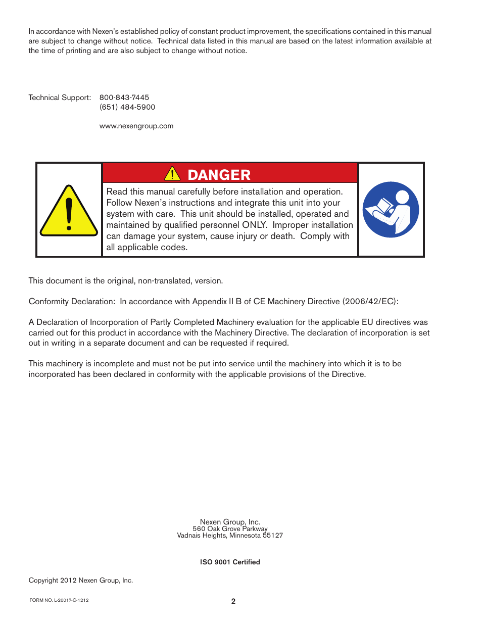 Danger | Nexen DBSE 835030 User Manual | Page 2 / 13