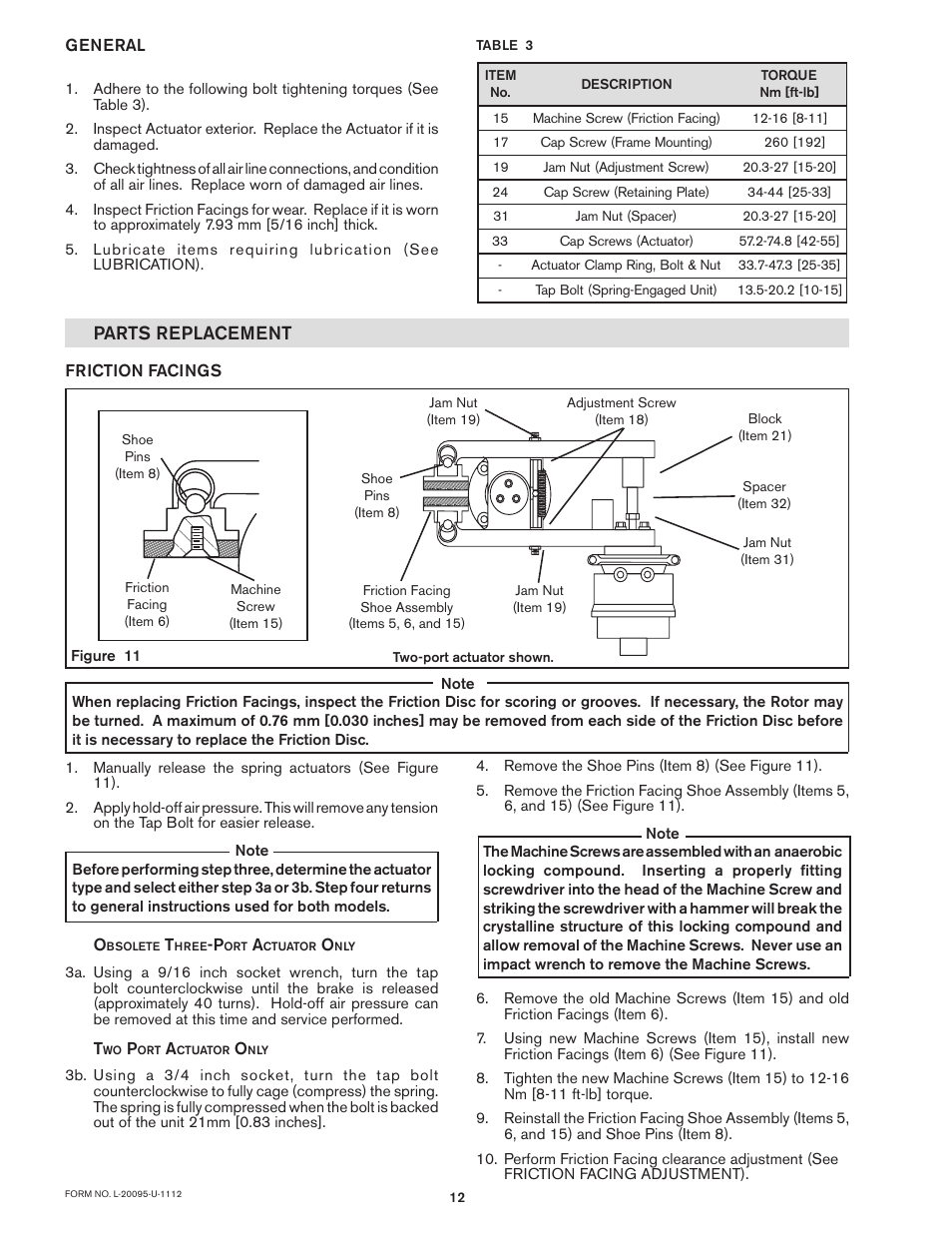 Parts replacement, Friction facings, General | Nexen SPC 837400 User Manual | Page 12 / 16