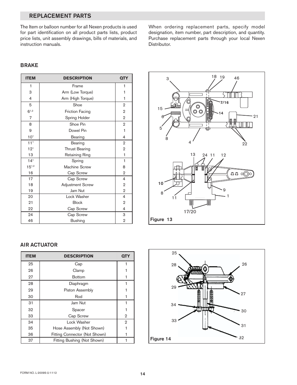 Replacement parts, Air actuator, Brake | Nexen SPC 837400 User Manual | Page 14 / 16