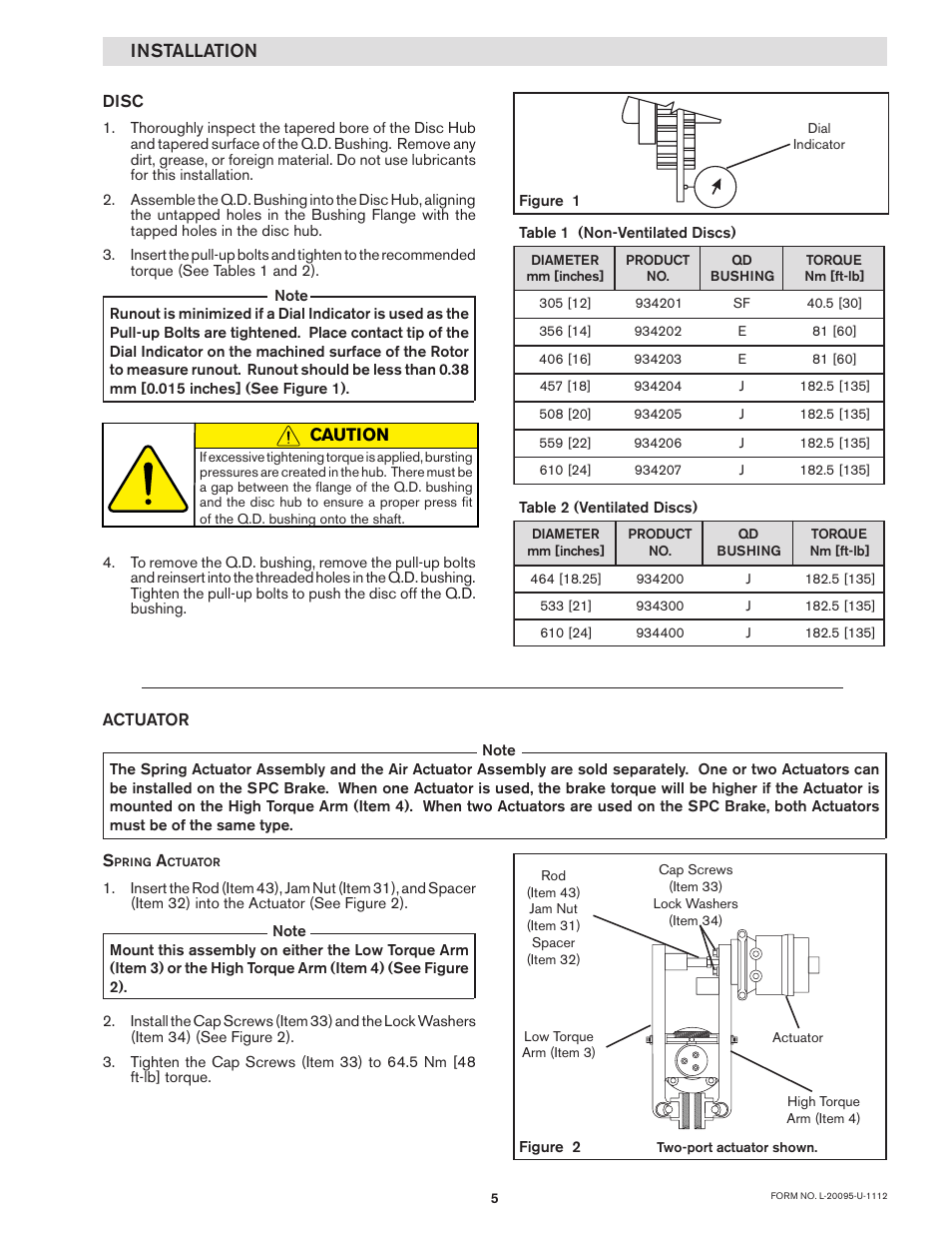 Installation, Actuator, Disc | Caution | Nexen SPC 837400 User Manual | Page 5 / 16