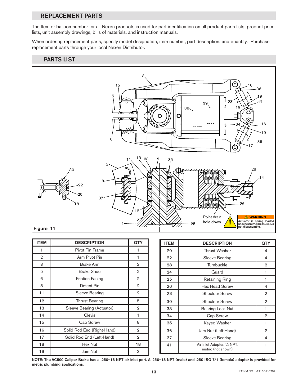 Parts list replacement parts | Nexen VC500 837450 User Manual | Page 13 / 14