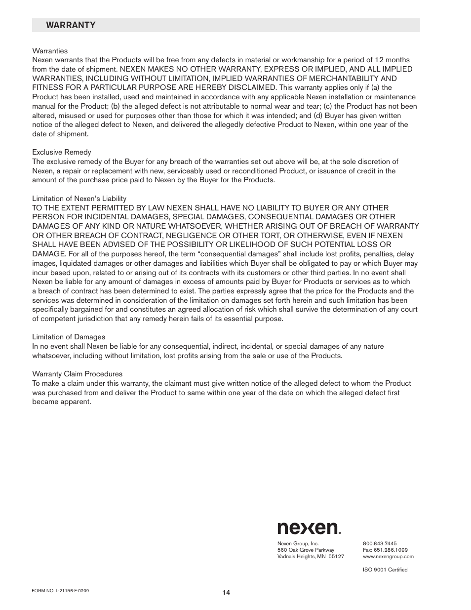 Warranty | Nexen VC500 837450 User Manual | Page 14 / 14