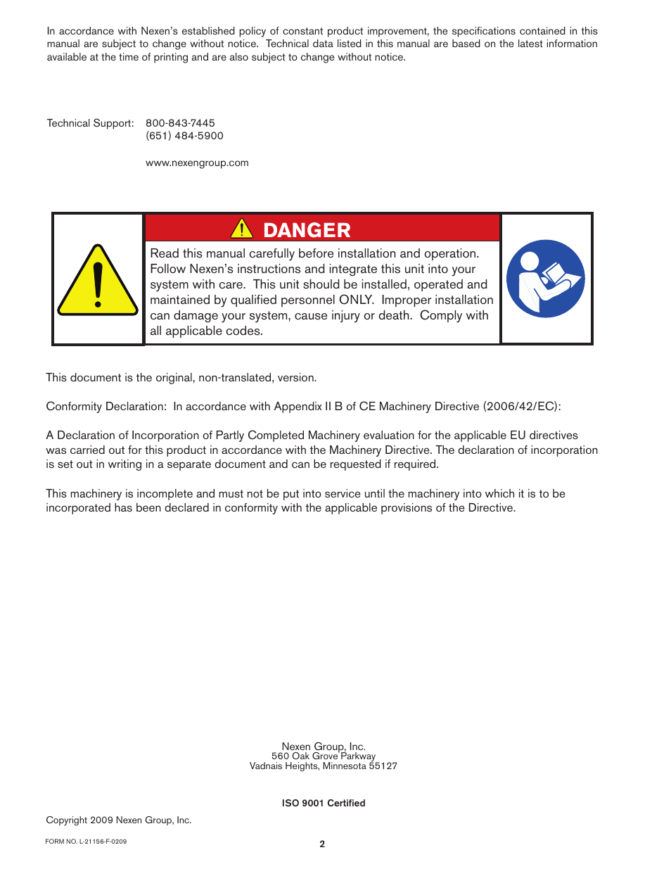 Danger | Nexen VC500 837450 User Manual | Page 2 / 14