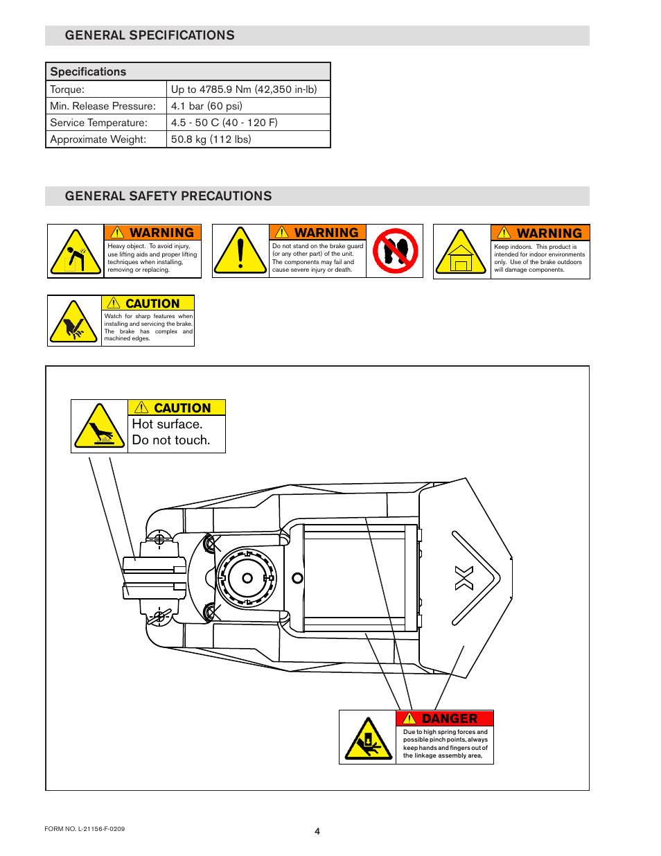 Hot surface. do not touch, General specifications, General safety precautions warning | Warning, Danger warning, Caution | Nexen VC500 837450 User Manual | Page 4 / 14