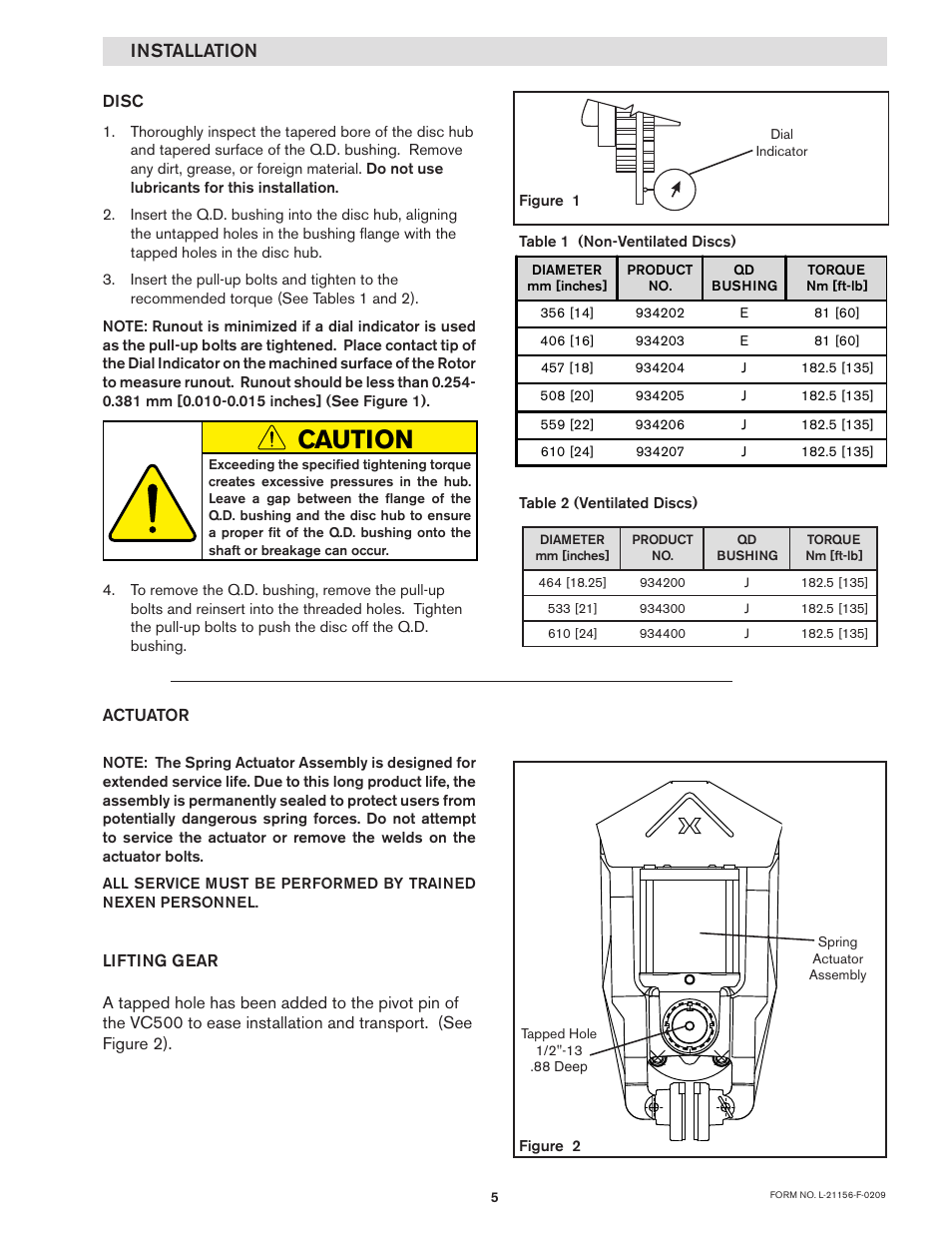 Caution, Installation, Actuator | Disc | Nexen VC500 837450 User Manual | Page 5 / 14