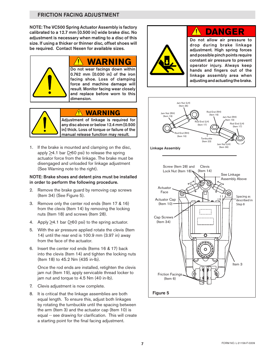 Danger, Warning, Friction facing adjustment | Nexen VC500 837450 User Manual | Page 7 / 14