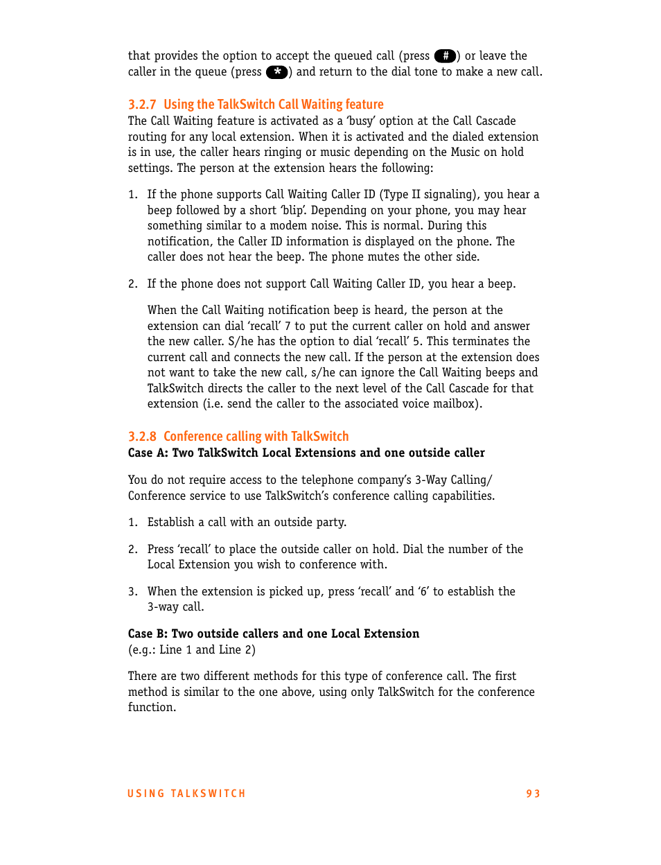 7 using the talkswitch call waiting feature, 8 conference calling with talkswitch | Talkswitch CT.TS005.001101.UK User Manual | Page 101 / 174