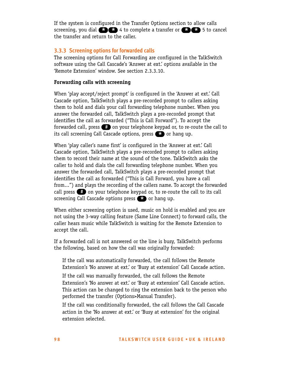 3 screening options for forwarded calls | Talkswitch CT.TS005.001101.UK User Manual | Page 106 / 174