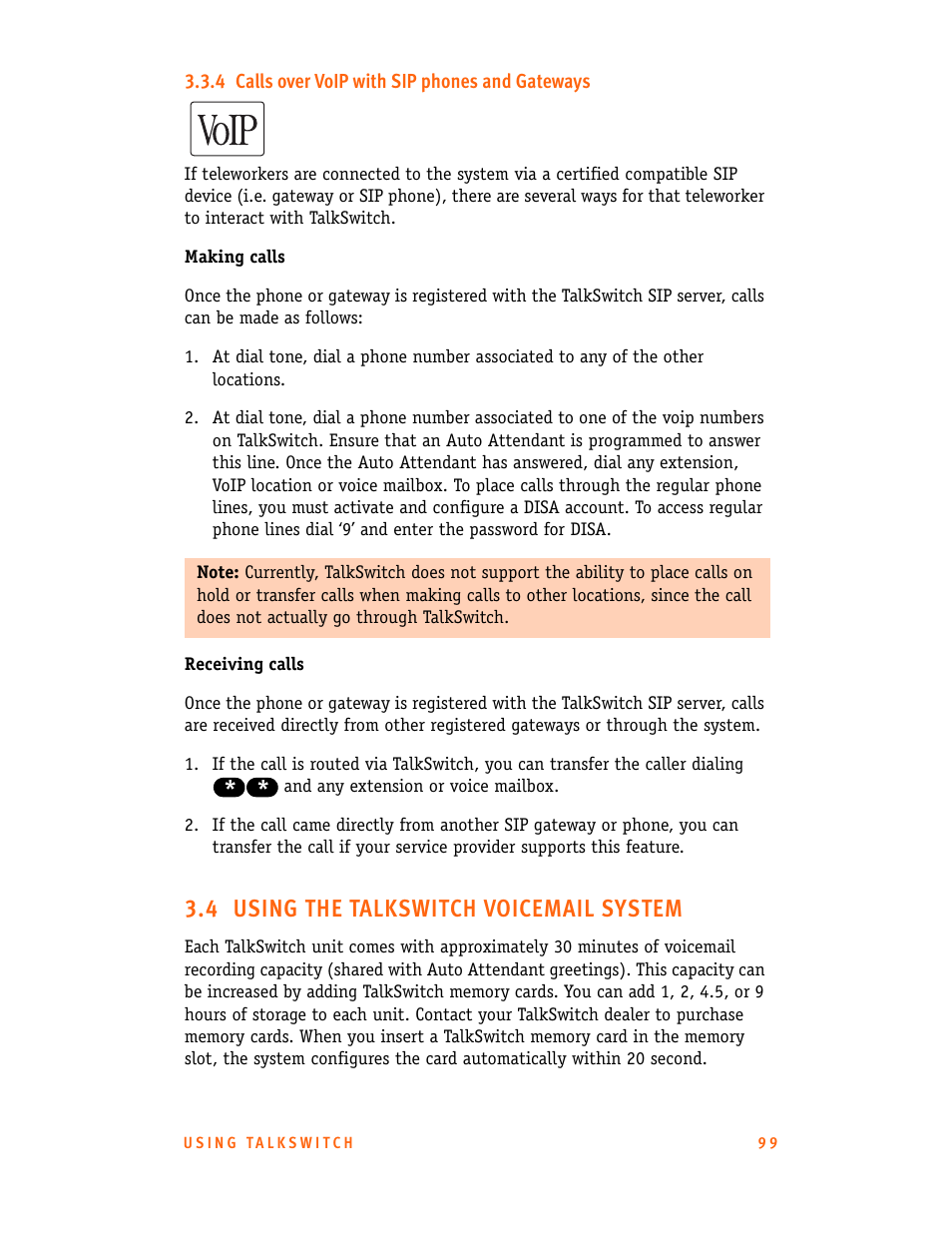 4 calls over voip with sip phones and gateways, 4 using the talkswitch voicemail system | Talkswitch CT.TS005.001101.UK User Manual | Page 107 / 174