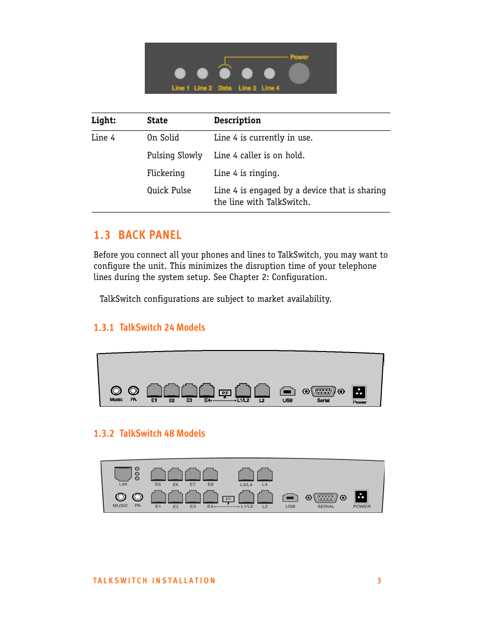 3 back panel, 1 talkswitch 24 models, 2 talkswitch 48 models | Talkswitch CT.TS005.001101.UK User Manual | Page 11 / 174