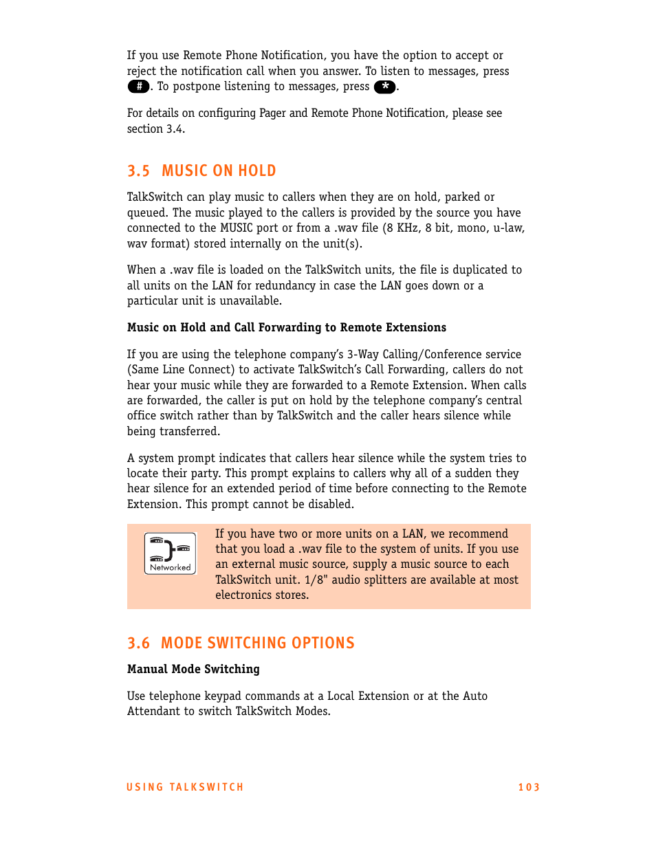 5 music on hold, 6 mode switching options | Talkswitch CT.TS005.001101.UK User Manual | Page 111 / 174