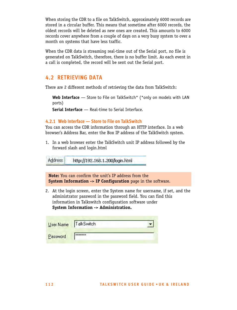 2 retrieving data, 1 web interface - store to file on talkswitch, 1 web interface — store to file on talkswitch | Talkswitch CT.TS005.001101.UK User Manual | Page 120 / 174