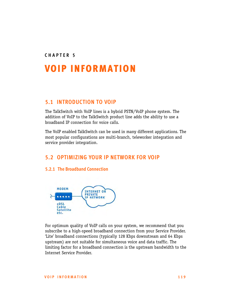 Chapter 5: voip information, 1 introduction to voip, 2 optimizing your ip network for voip | 1 the broadband connection | Talkswitch CT.TS005.001101.UK User Manual | Page 127 / 174
