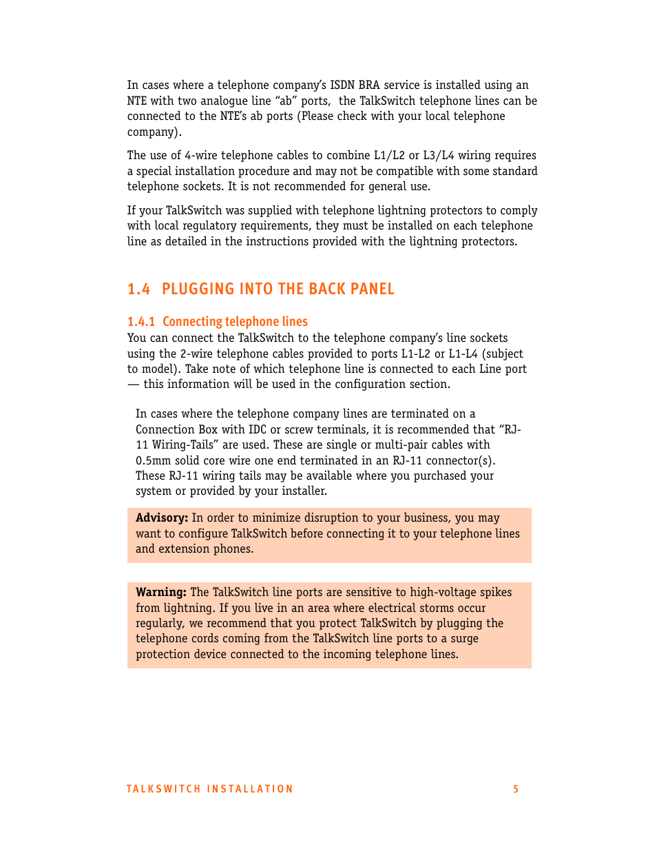 4 plugging into the back panel, 1 connecting telephone lines | Talkswitch CT.TS005.001101.UK User Manual | Page 13 / 174