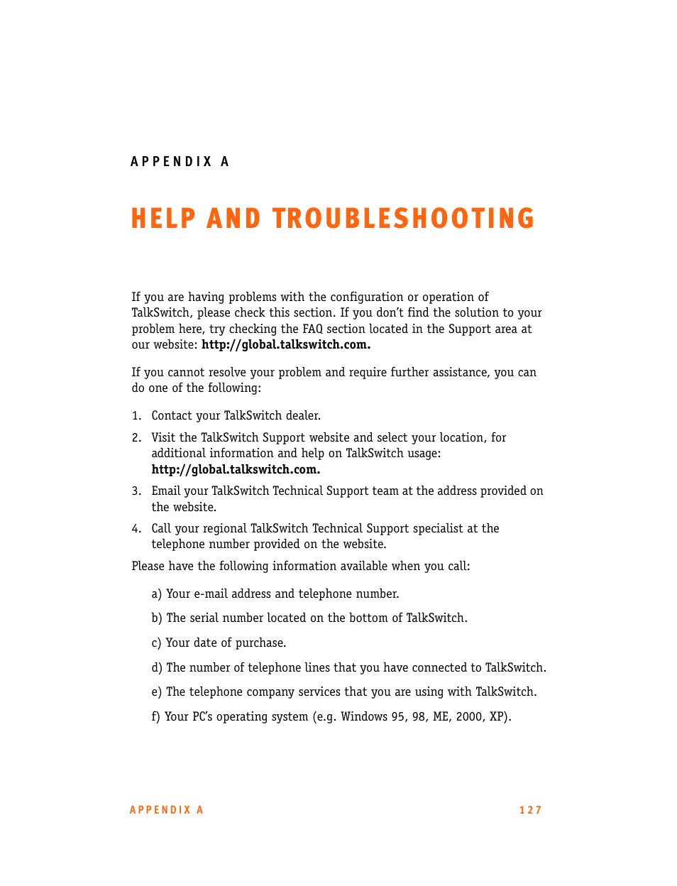 Appendix a: help and troubleshooting, A: help and troubleshooting | Talkswitch CT.TS005.001101.UK User Manual | Page 135 / 174