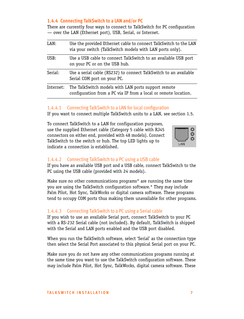 4 connecting talkswitch to a lan and/or pc, 2 connecting talkswitch to a pc using a usb cable | Talkswitch CT.TS005.001101.UK User Manual | Page 15 / 174