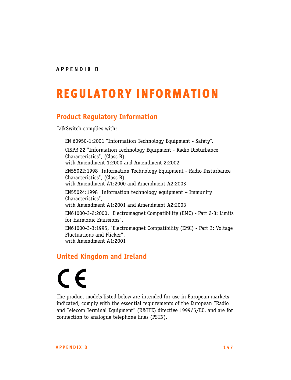 Appendix d: regulatory information, D: regulatory information | Talkswitch CT.TS005.001101.UK User Manual | Page 155 / 174