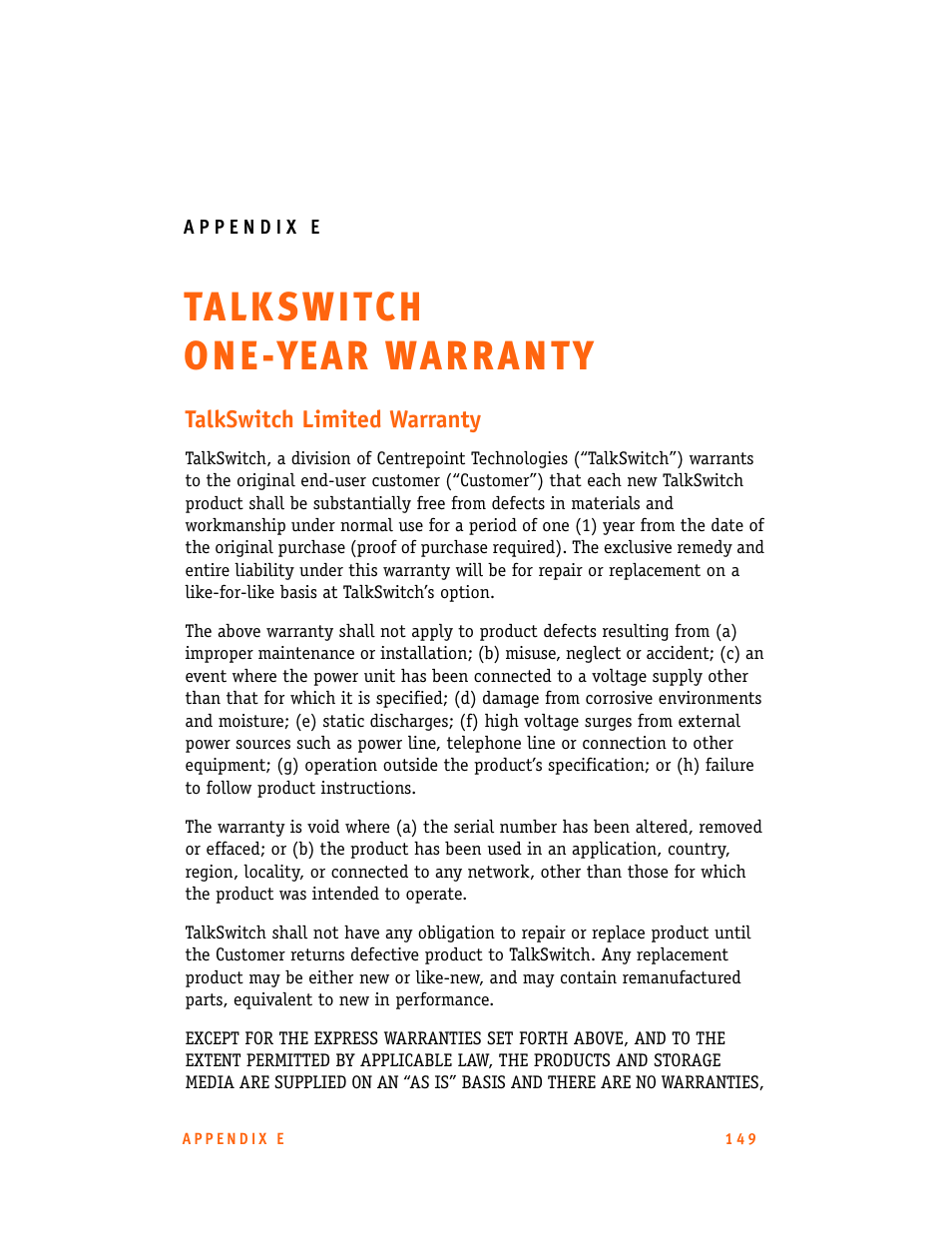 Appendix e: talkswitch one-year warranty, E: talkswitch one-year warranty | Talkswitch CT.TS005.001101.UK User Manual | Page 157 / 174