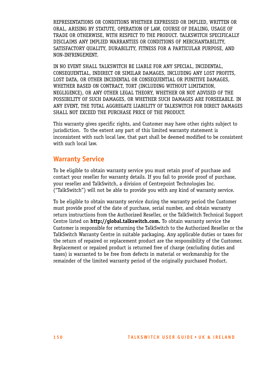 Warranty service | Talkswitch CT.TS005.001101.UK User Manual | Page 158 / 174