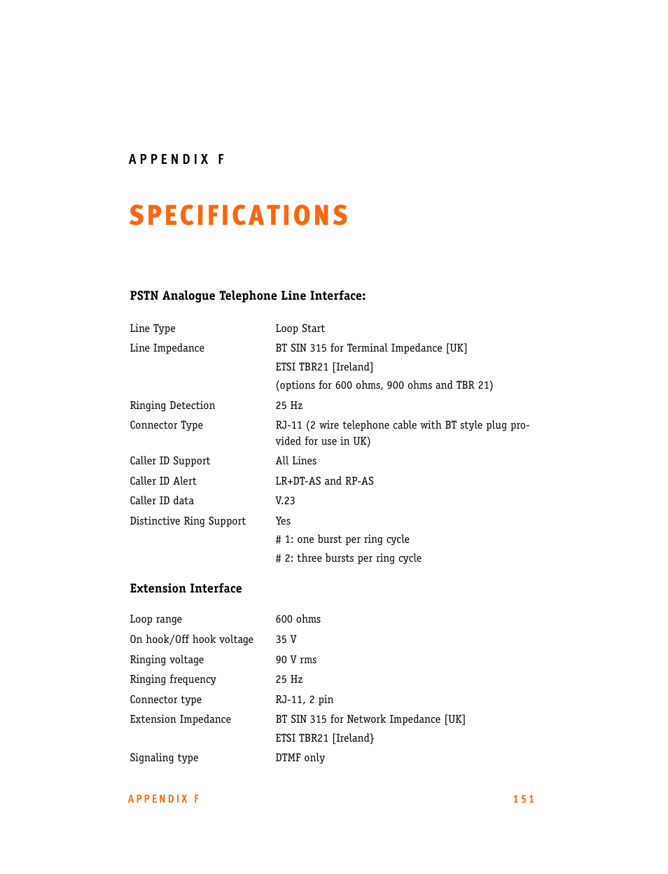 Appendix f: specifications, F: specifications | Talkswitch CT.TS005.001101.UK User Manual | Page 159 / 174