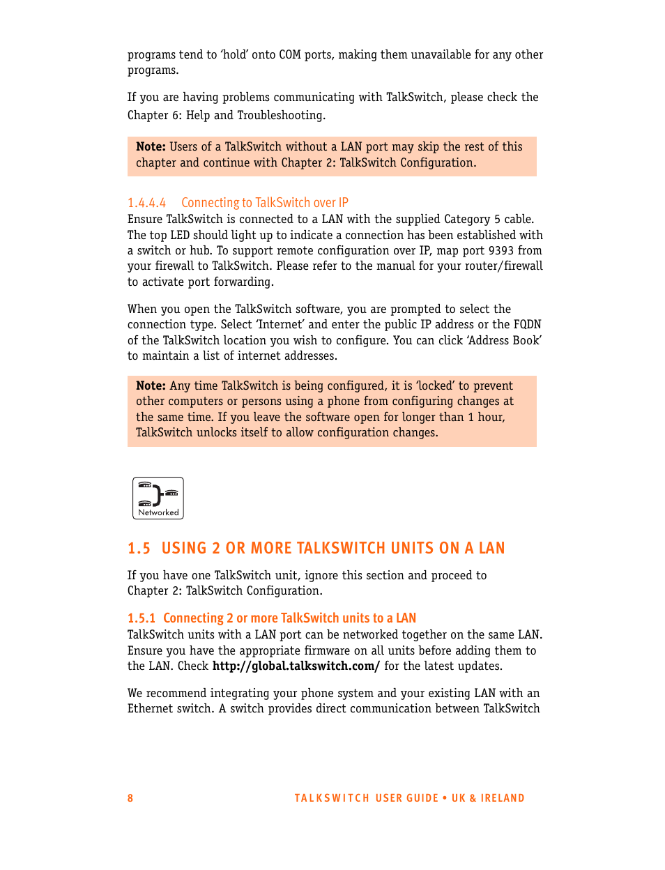 4 connecting to talkswitch over ip, 5 using 2 or more talkswitch units on a lan, 1 connecting 2 or more talkswitch units to a lan | Talkswitch CT.TS005.001101.UK User Manual | Page 16 / 174