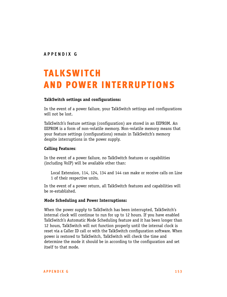 Appendix g: talkswitch and power interruptions, G: talkswitch and power interruptions | Talkswitch CT.TS005.001101.UK User Manual | Page 161 / 174