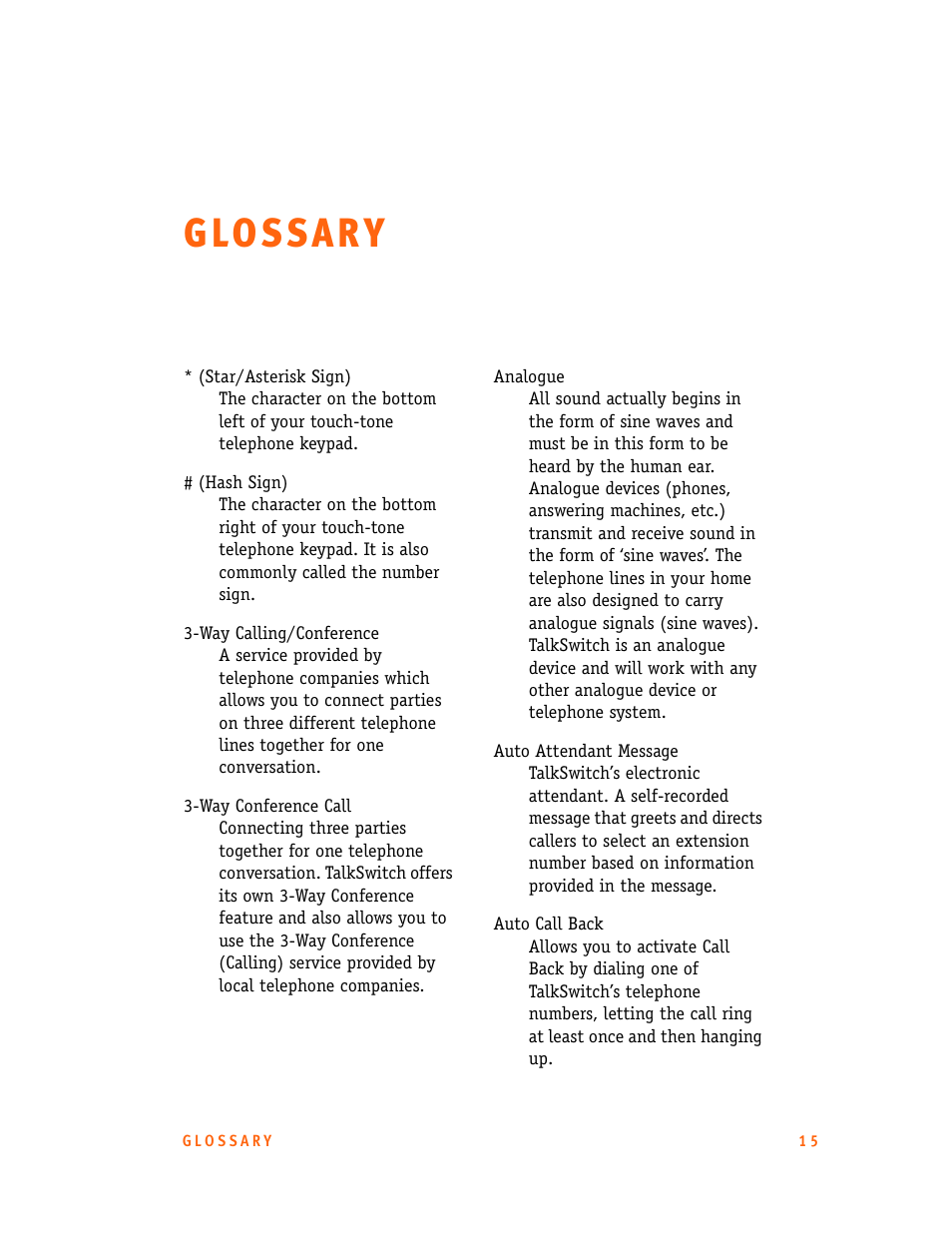 Glossary, G l o ss a r y | Talkswitch CT.TS005.001101.UK User Manual | Page 167 / 174