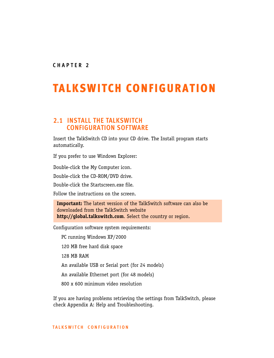 Chapter 2: talkswitch configuration, 1 install the talkswitch configuration software | Talkswitch CT.TS005.001101.UK User Manual | Page 21 / 174