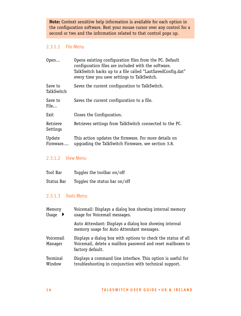 1 file menu, 2 view menu, 3 tools menu | Talkswitch CT.TS005.001101.UK User Manual | Page 24 / 174