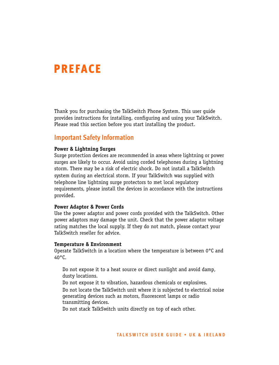Preface, P re f a ce, Important safety information | Talkswitch CT.TS005.001101.UK User Manual | Page 3 / 174