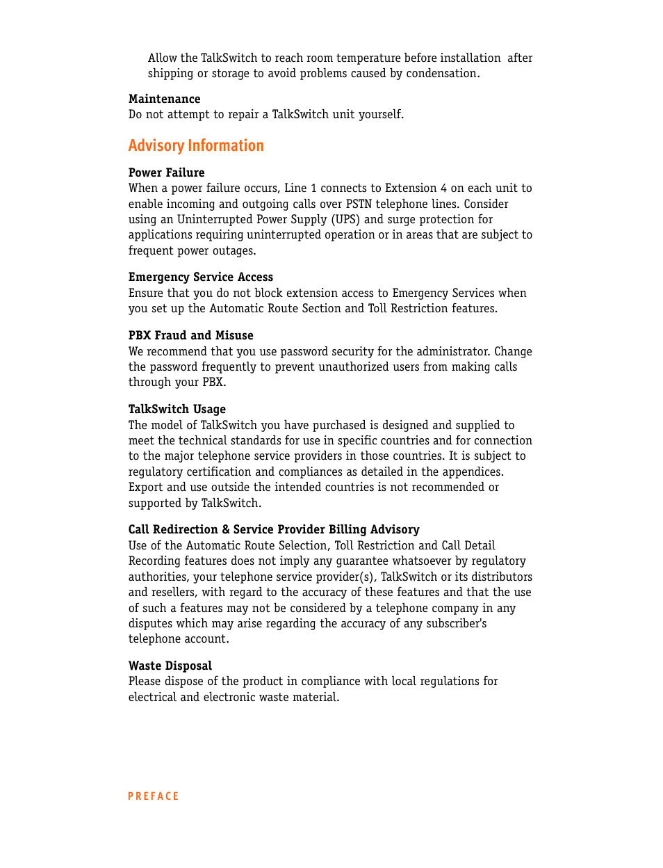 Advisory information | Talkswitch CT.TS005.001101.UK User Manual | Page 4 / 174