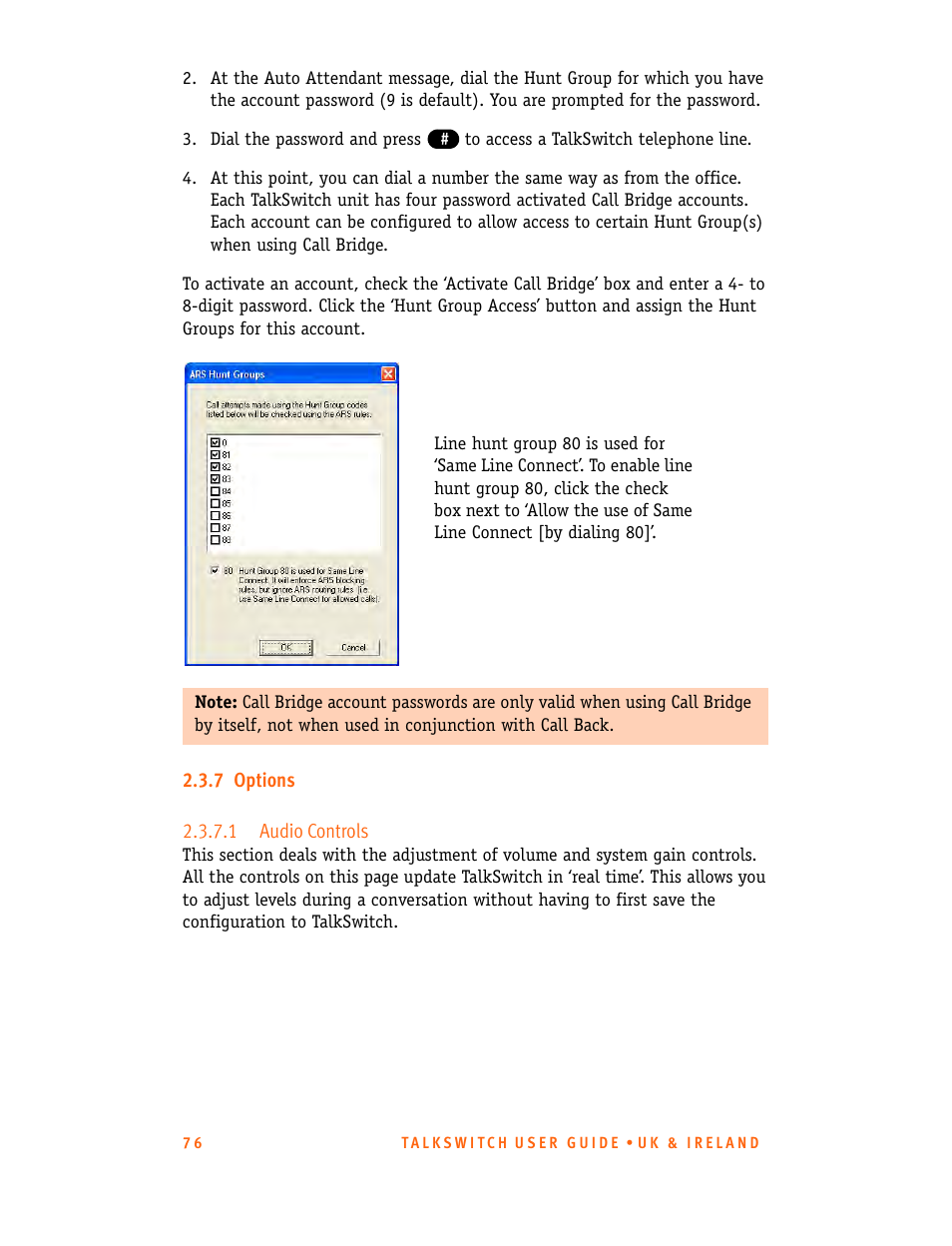 7 options, 1 audio controls | Talkswitch CT.TS005.001101.UK User Manual | Page 84 / 174