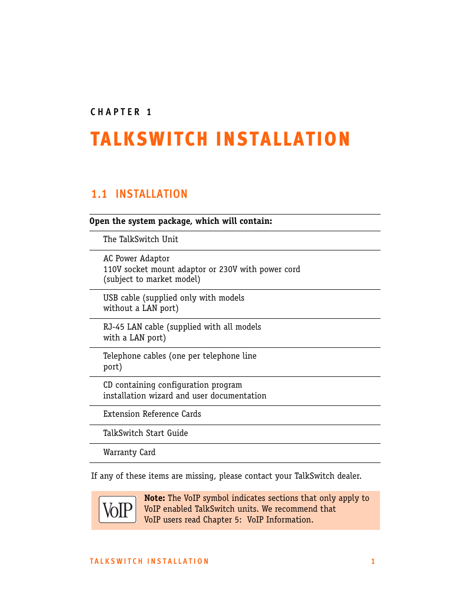 Chapter 1: talkswitch installation, 1 installation | Talkswitch CT.TS005.001101.UK User Manual | Page 9 / 174