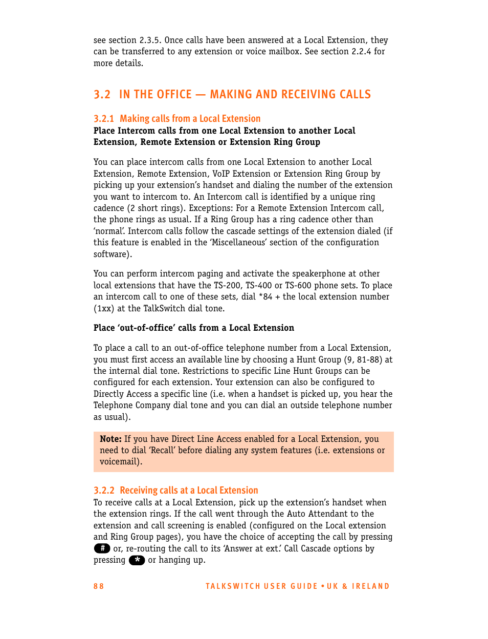 2 in the office - making and receiving calls, 1 making calls from a local extension, 2 receiving calls at a local extension | 2 in the office — making and receiving calls | Talkswitch CT.TS005.001101.UK User Manual | Page 96 / 174